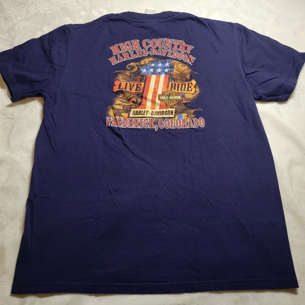 Vintage Harley Davidson T Shirt Men's Large #1 Logo Live Ride Blye Flag USA Tee